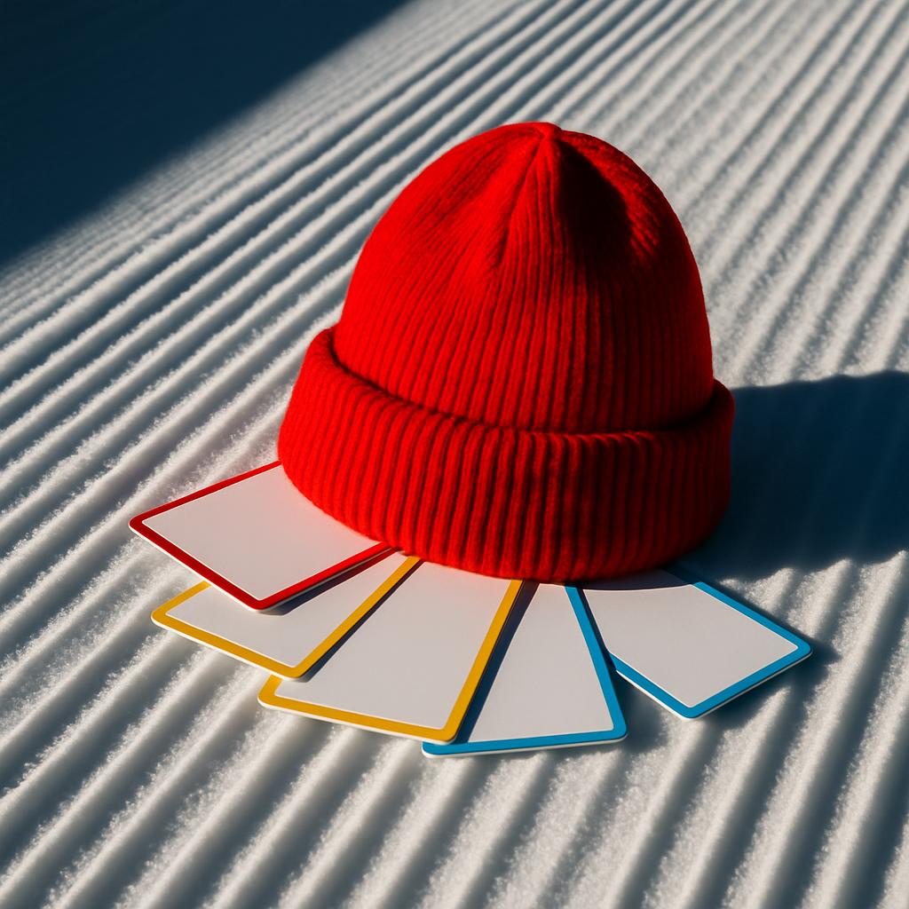 A red beanie on top of four cards, with shadows cast on a textured white surface.