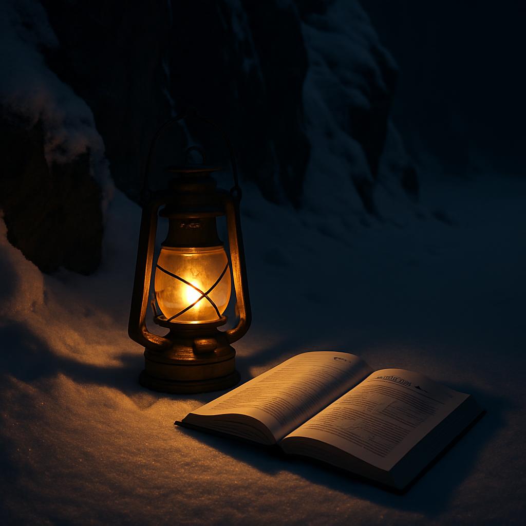 An open book lies on the snow-covered ground illuminated by the glow of a lantern in a serene nighttime scene.