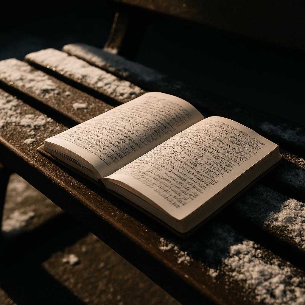 An open book on a snow-covered wooden bench.